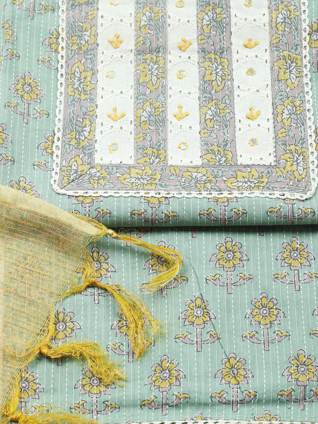Printed Cotton Blend Unstitched Suit With Pant &amp; Dupatta