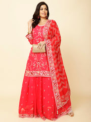 Resham Jaal Embroidered Georgette Kurta With Lehenga & Dupatta