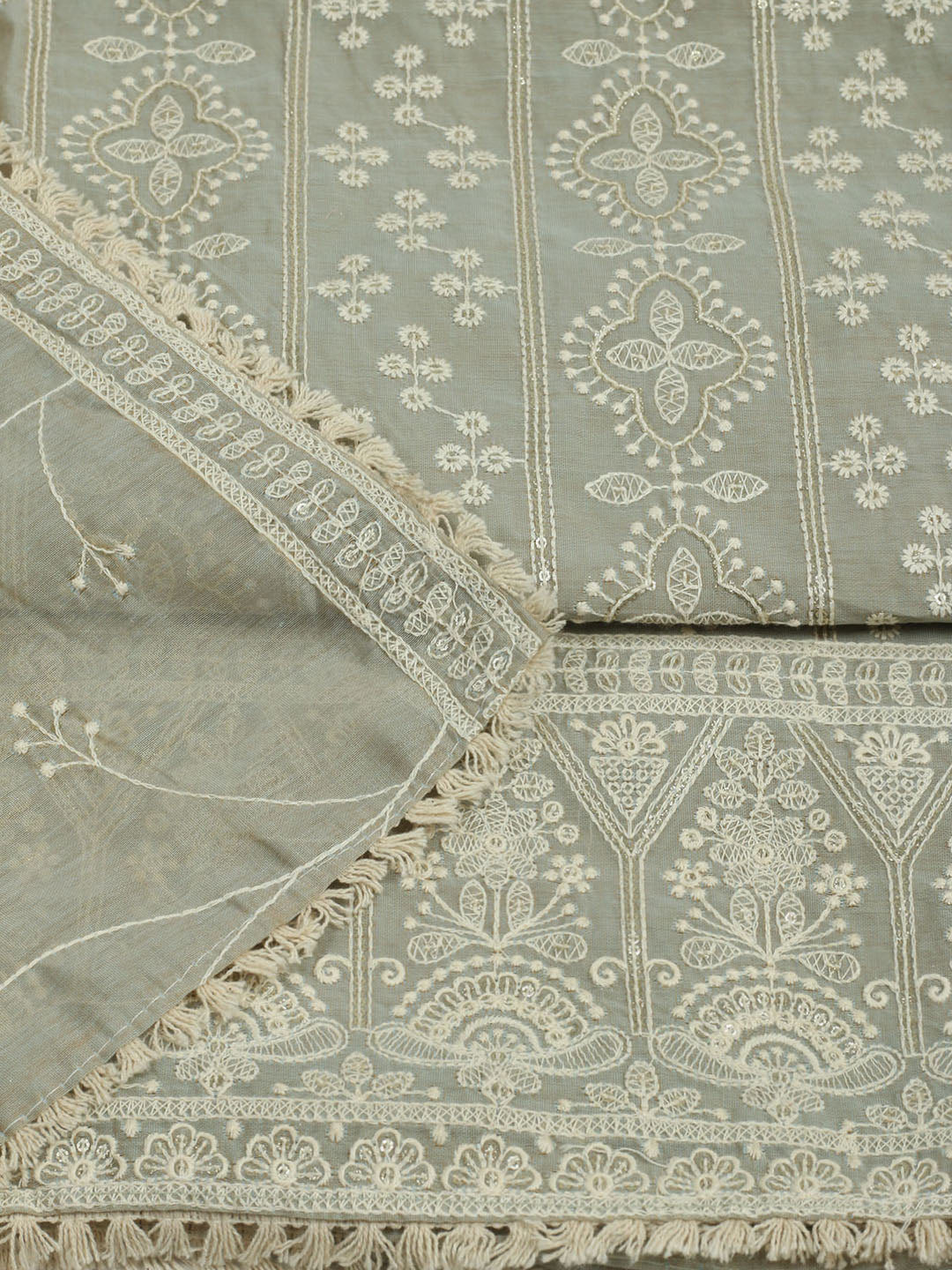 Embroidered Chanderi Unstitched Suit With Pant &amp; Dupatta