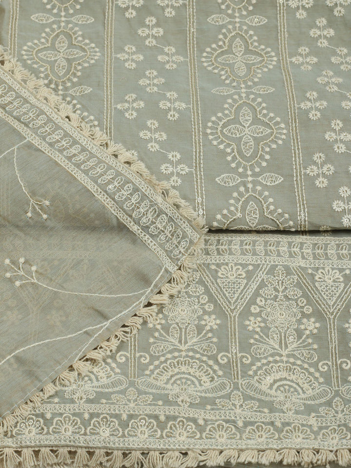 Embroidered Chanderi Unstitched Suit With Pant &amp; Dupatta