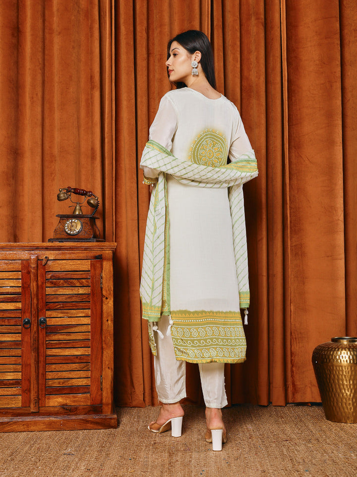 Bandhani Printed Crepe Kurta With Pants &amp; Dupatta