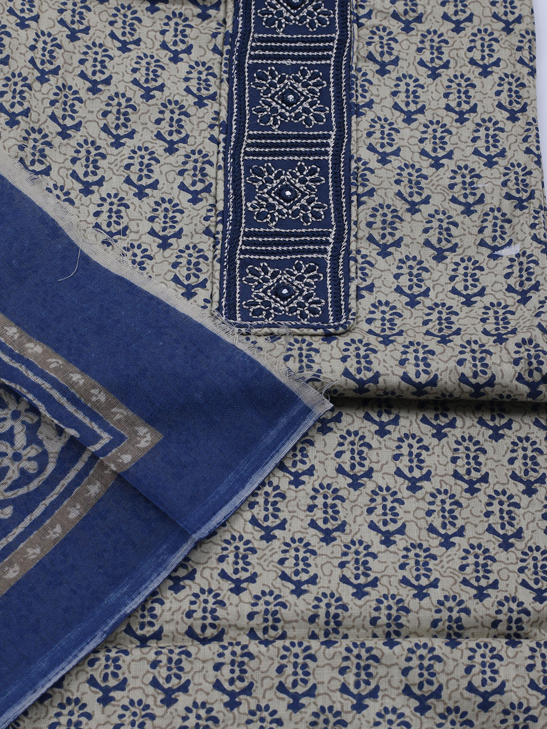 Patch Neck Cotton Blend Unstitched Suit With Dupatta