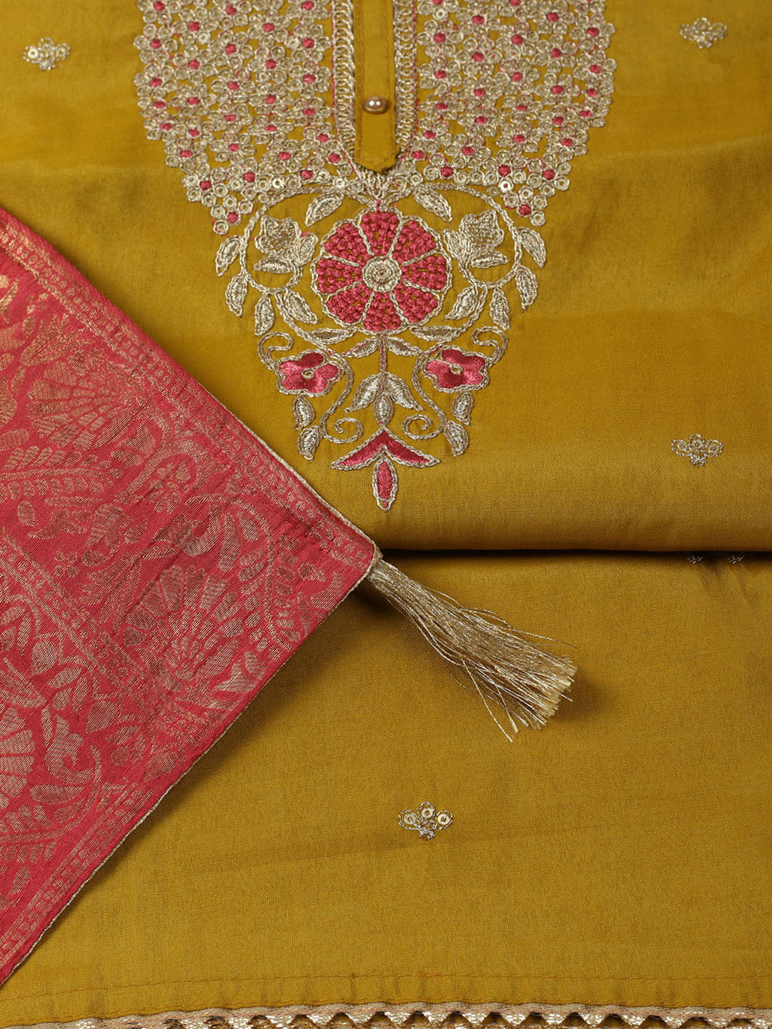 Embroidered Chanderi Unstitched Suit With Pant &amp; Dupatta