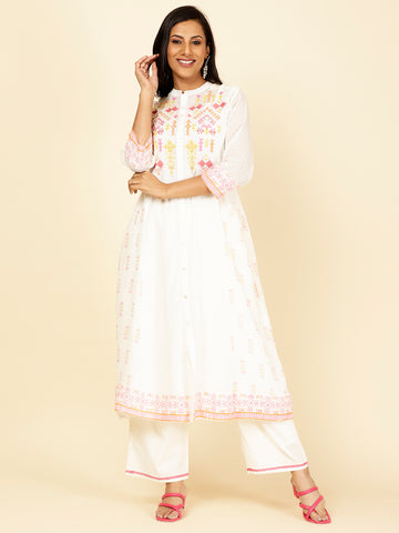 Neck Embroidered Cotton Kurta With Pants
