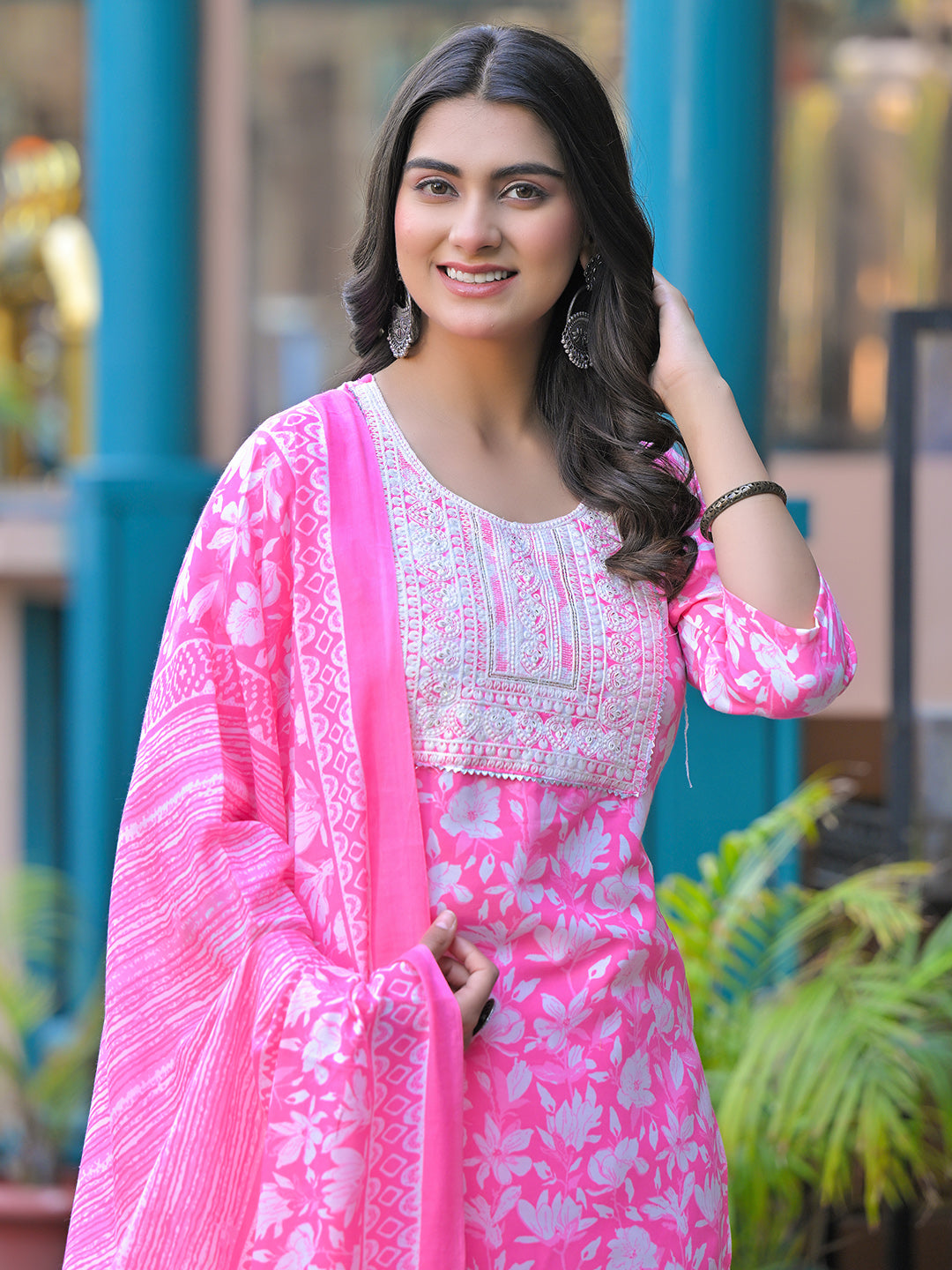 Floral Printed Cotton Kurta With Pants &amp; Dupatta