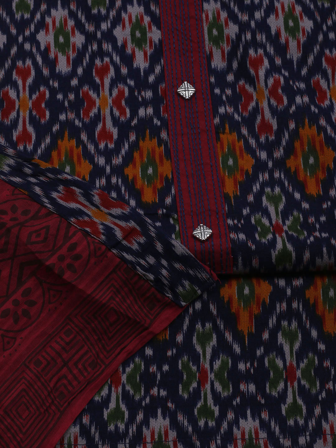 Patch Neck Cotton Blend Unstitched Suit With Dupatta