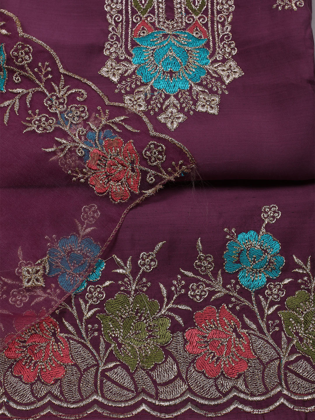 Embroidered Chanderi Unstitched Suit With Dupatta