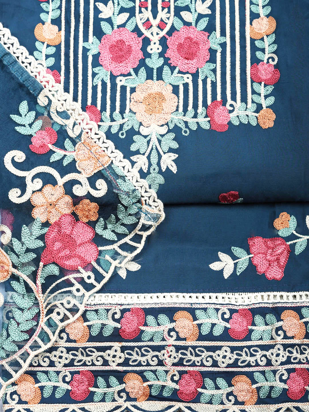 Embroidered Cotton Blend Unstitched Suit With Pant &amp; Dupatta