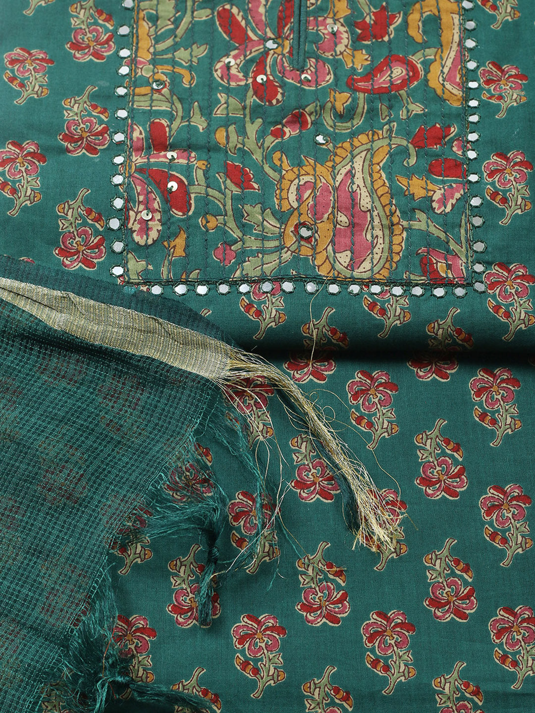 Embroidered Cotton Blend Unstitched Suit With Pant &amp; Dupatta