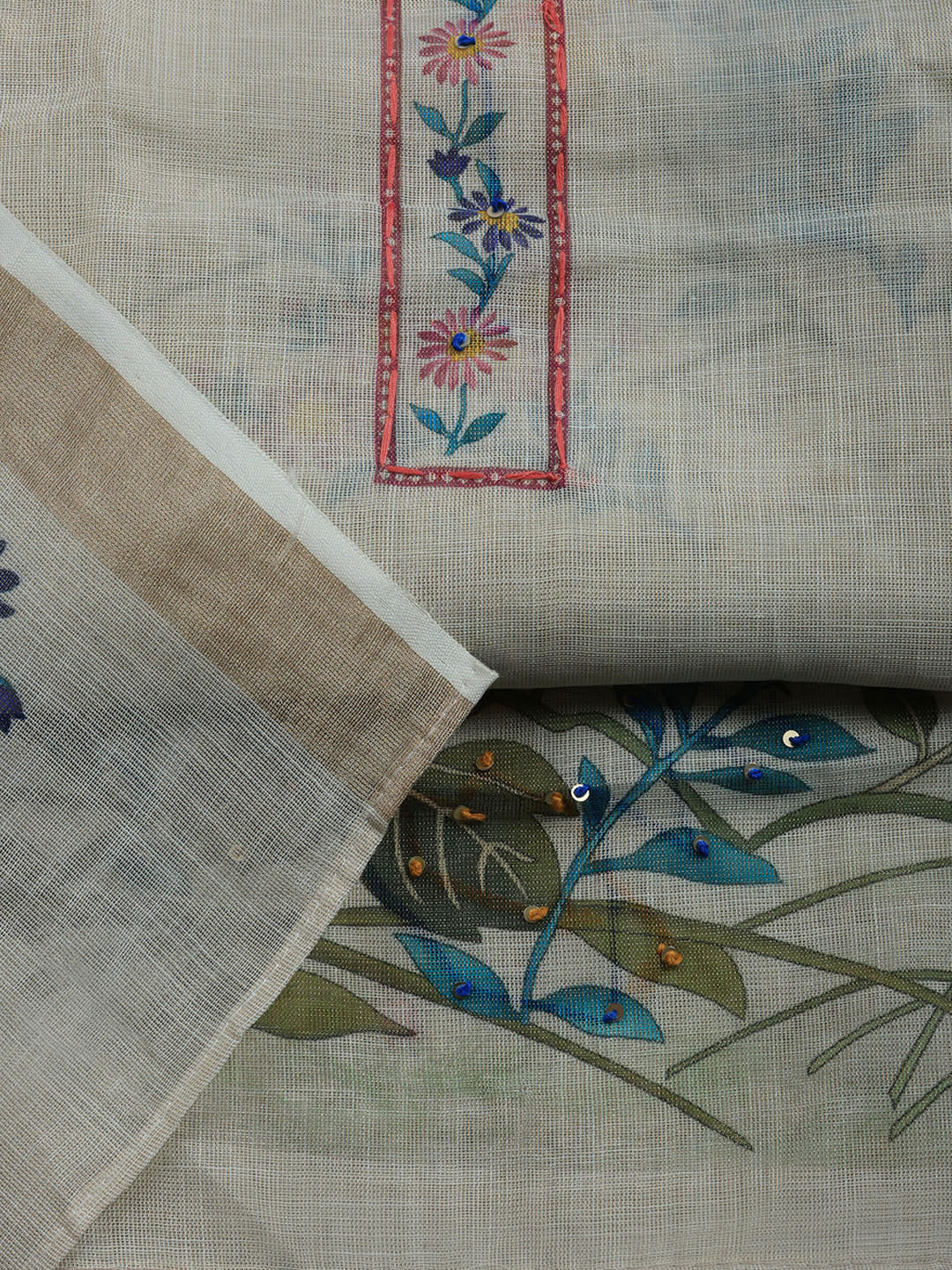 Printed Linen Blend Unstitched Suit With Pant &amp; Dupatta