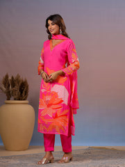 Neck Embroidery Organza Kurta With Pants & Dupatta