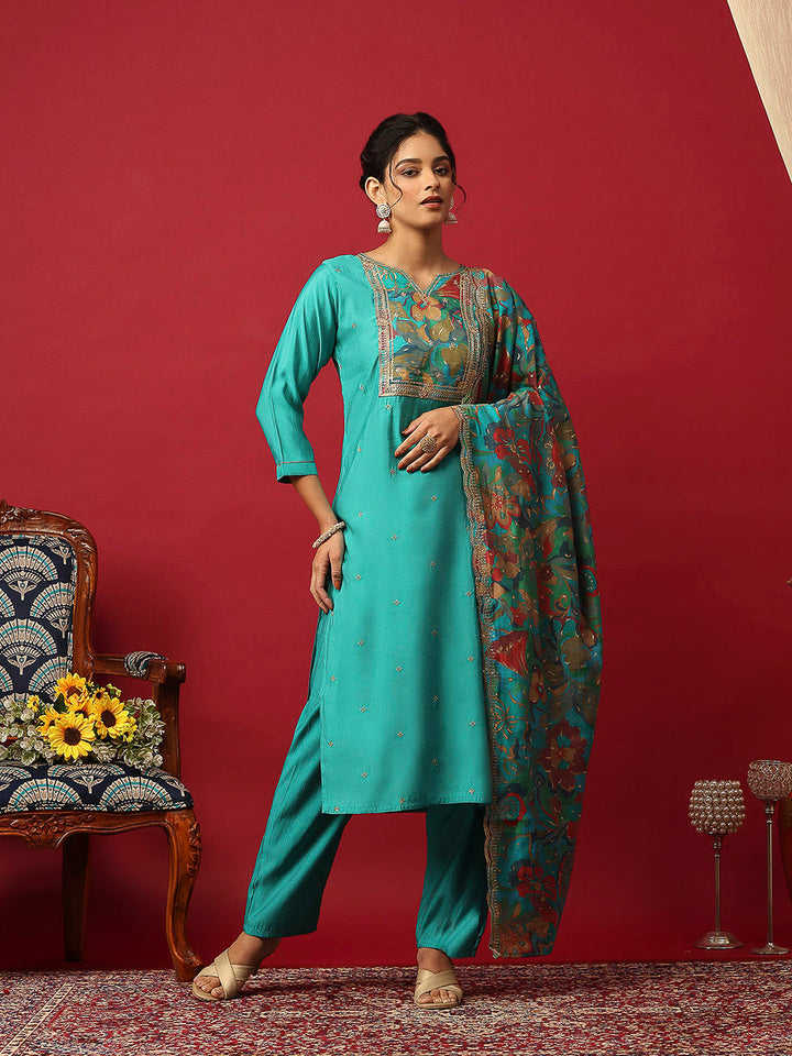 Printed Muslin Lake Blue Kurta With Pant &amp; Dupatta