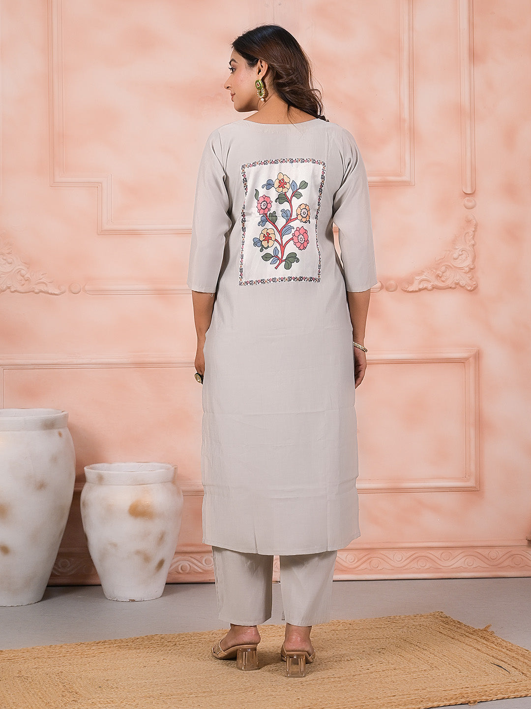Neck Embroidered Cotton Blend Kurta With Pants &amp; Dupatta