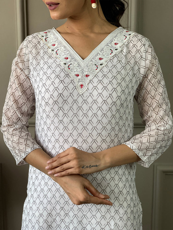 Printed Cotton Blend Kurta With Pants &amp; Dupatta