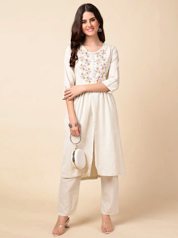 Thread Embroidered Cotton Kurta With Pants