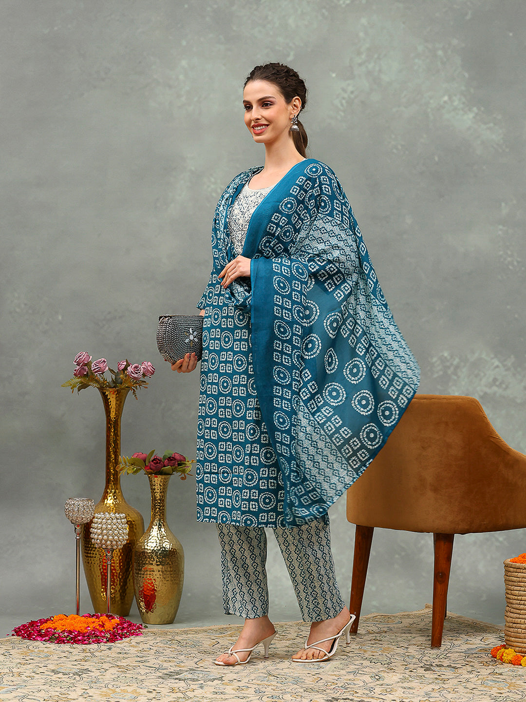Printed Cotton Blend Kurta With Pants & Dupatta