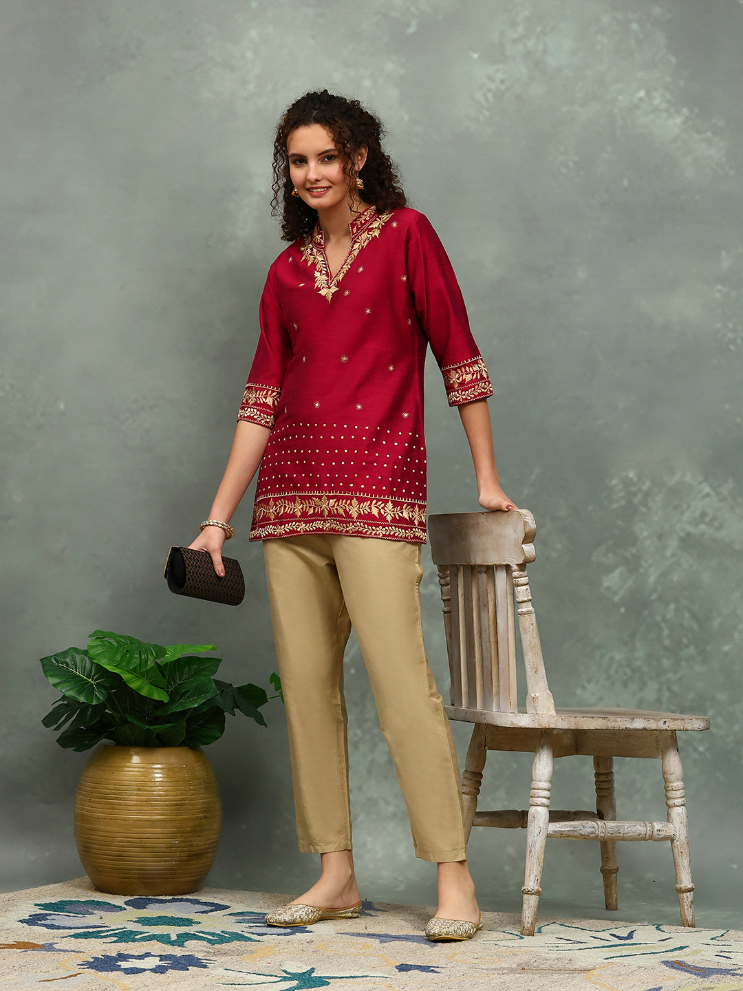 Neck Embroidered Art Silk Kurta
