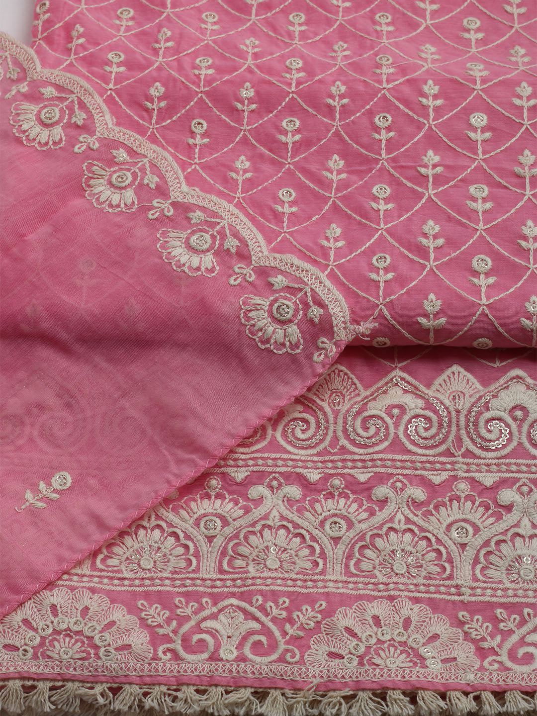 Embroidered Chanderi Unstitched Kurta With Pant & Dupatta
