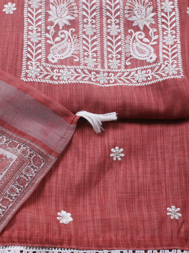 Embroidered Linen Blend Unstitched Suit With Pant &amp; Dupatta