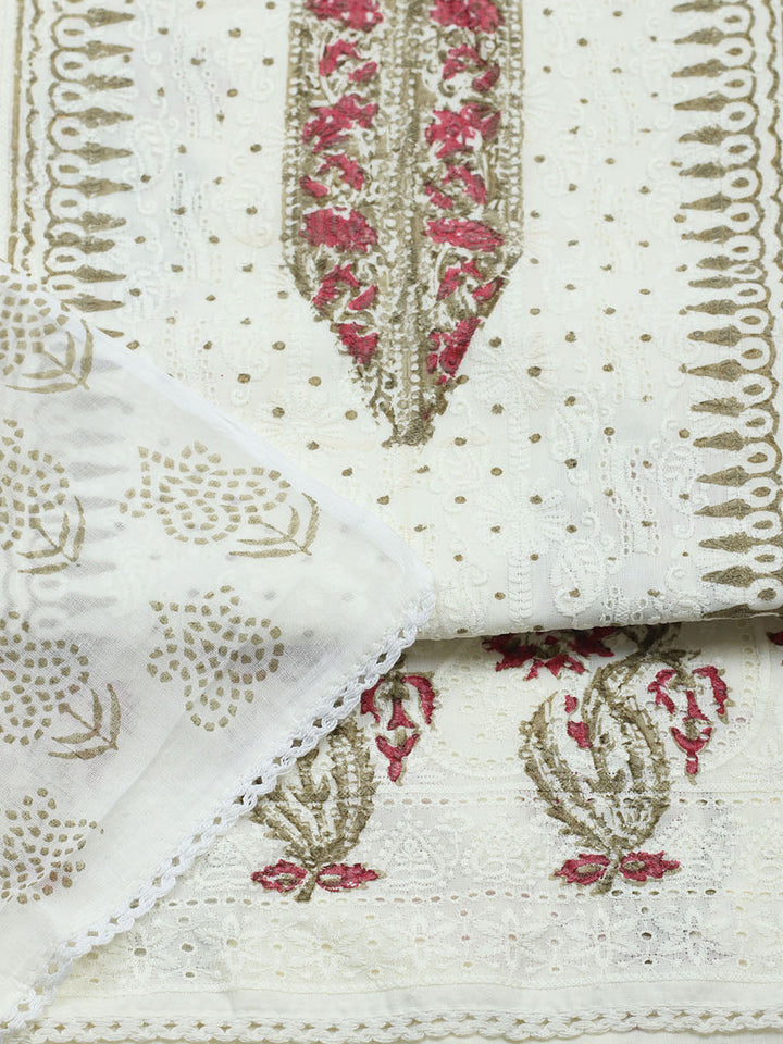 Printed Cotton Blend Unstitched Suit With Pant &amp; Dupatta