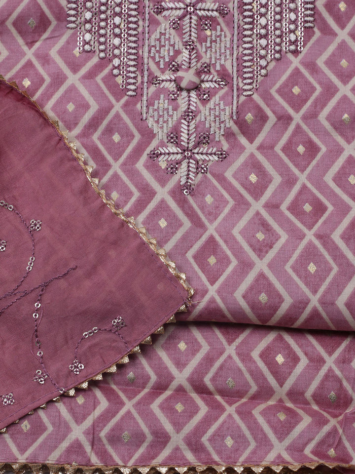 Printed Cotton Blend Unstitched Suit With Dupatta