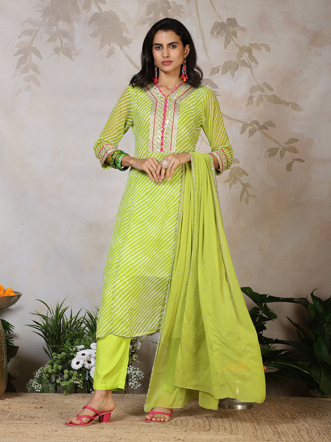 Embroidered Georgette Kurta With Pants & Dupatta