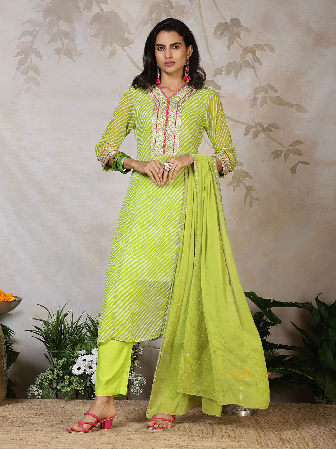 Embroidered Georgette Kurta With Pants &amp; Dupatta