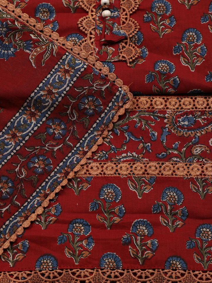 Embroidered Cotton Blend Unstitched Suit With Pant &amp; Dupatta