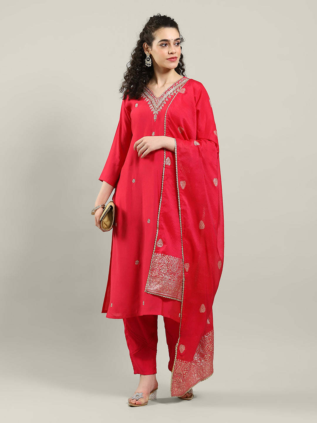 Embroidered Cotton Blend Kurta With Pants & Dupatta