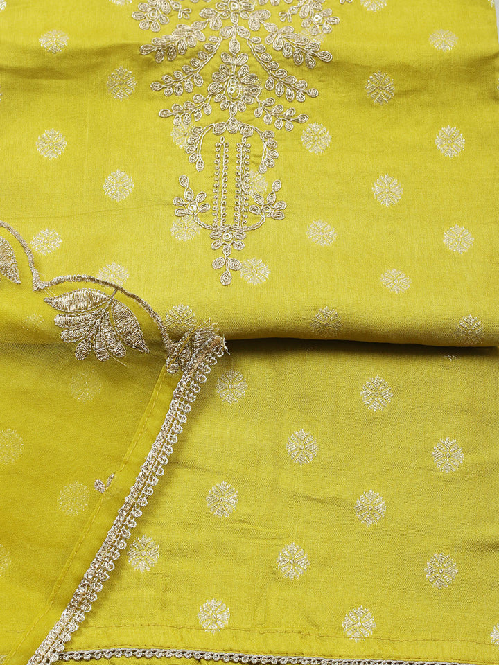 Embroidered Chanderi Unstitched Suit With Pant &amp; Dupatta