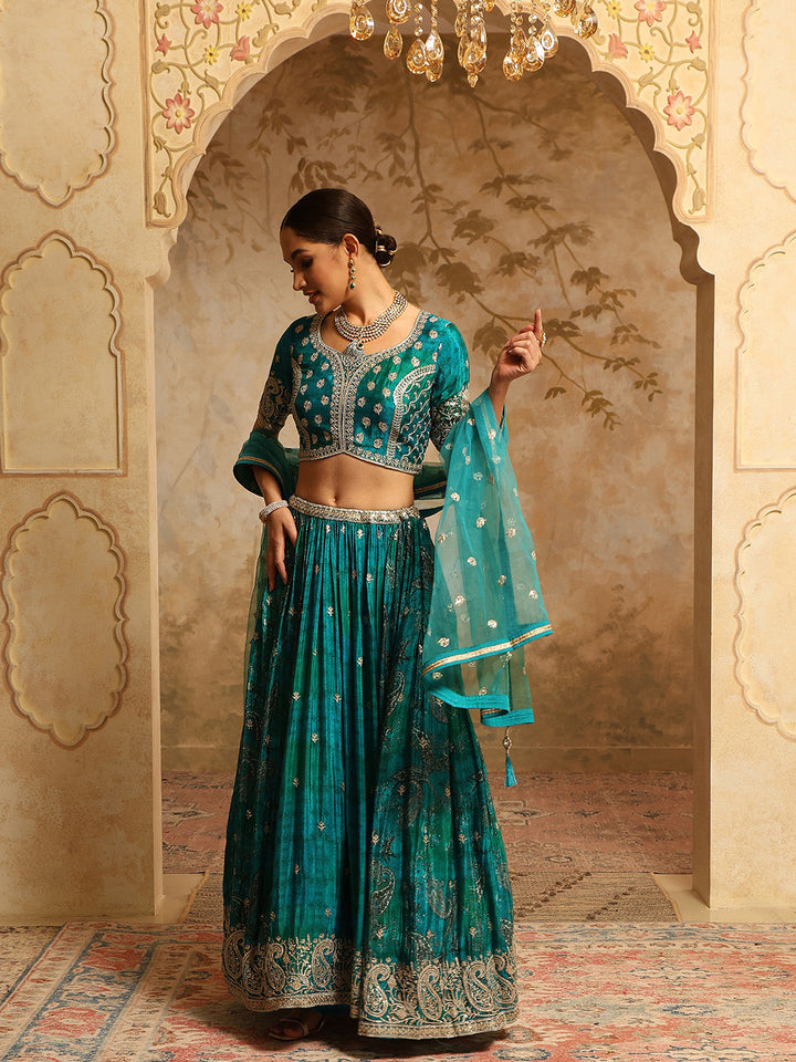 Zari Embroidered &amp; Printed Crepe Choli With Lehenga &amp; Dupatta