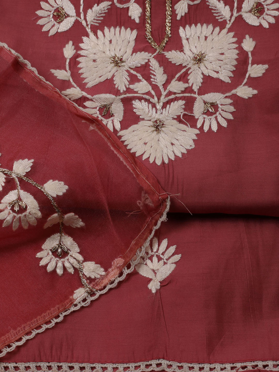 Neck Embroidered Chanderi Unstitched Suit With Dupatta