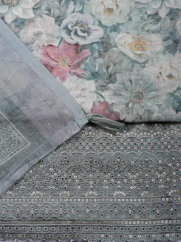 Embroidered Linen Blend Unstitched Suit With Pant &amp; Dupatta