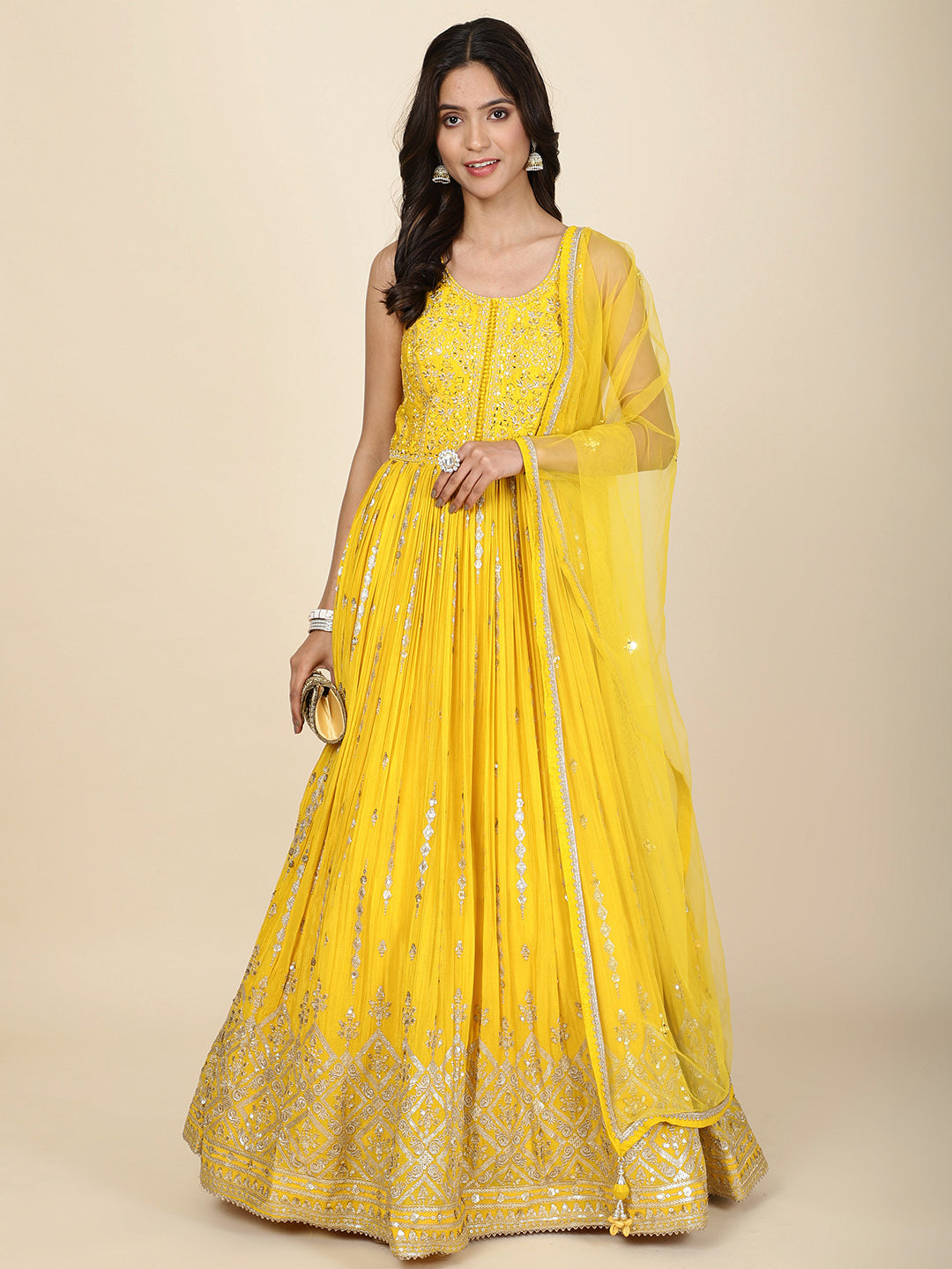 Sequin Embroidery Chinon Kurta With Churidar & Dupatta
