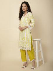 Printed & Panel Embroidery Cotton Kurta With Pants