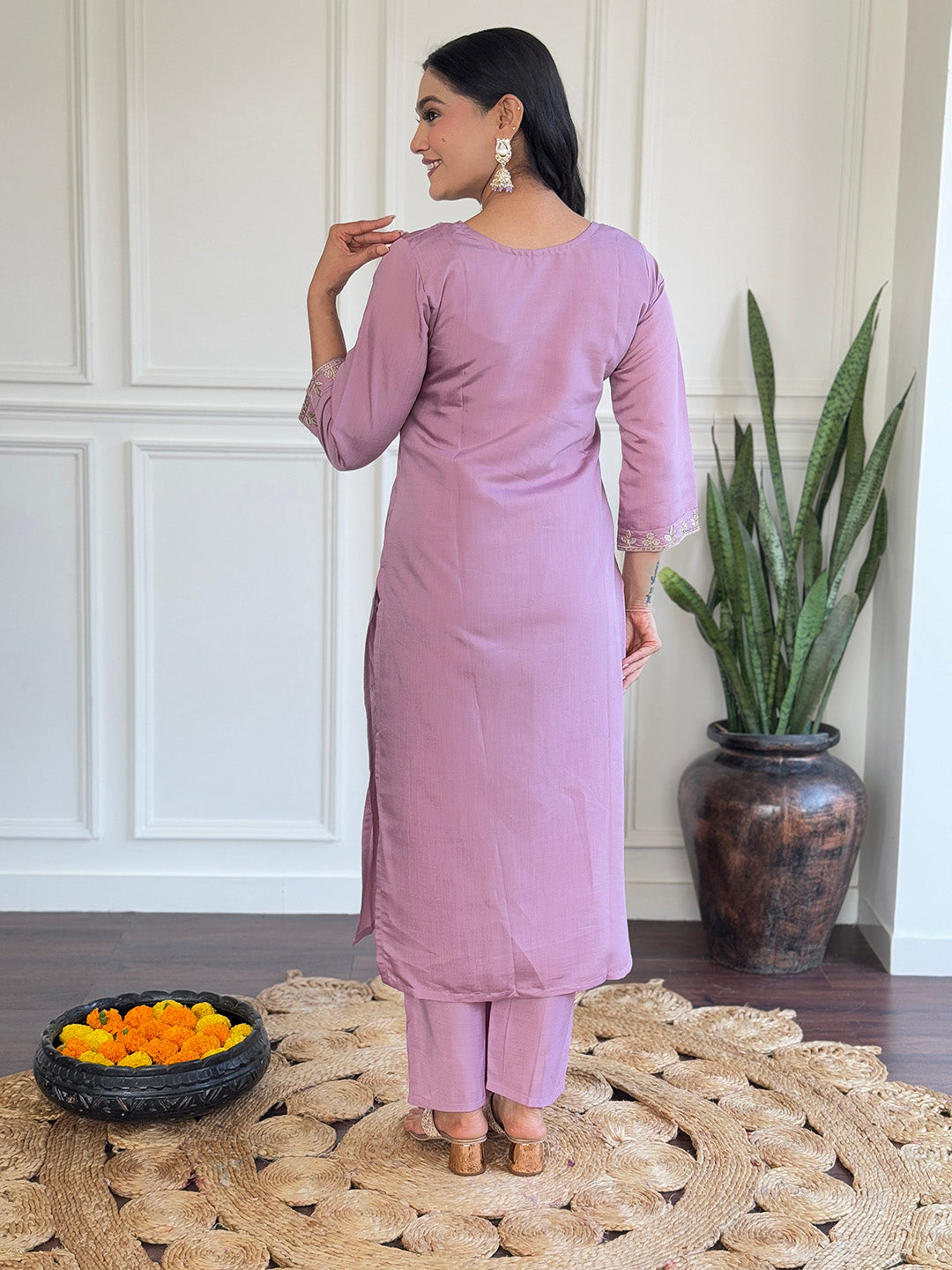 Neck Embroidery Cotton Blend Kurta With Pants &amp; Dupatta