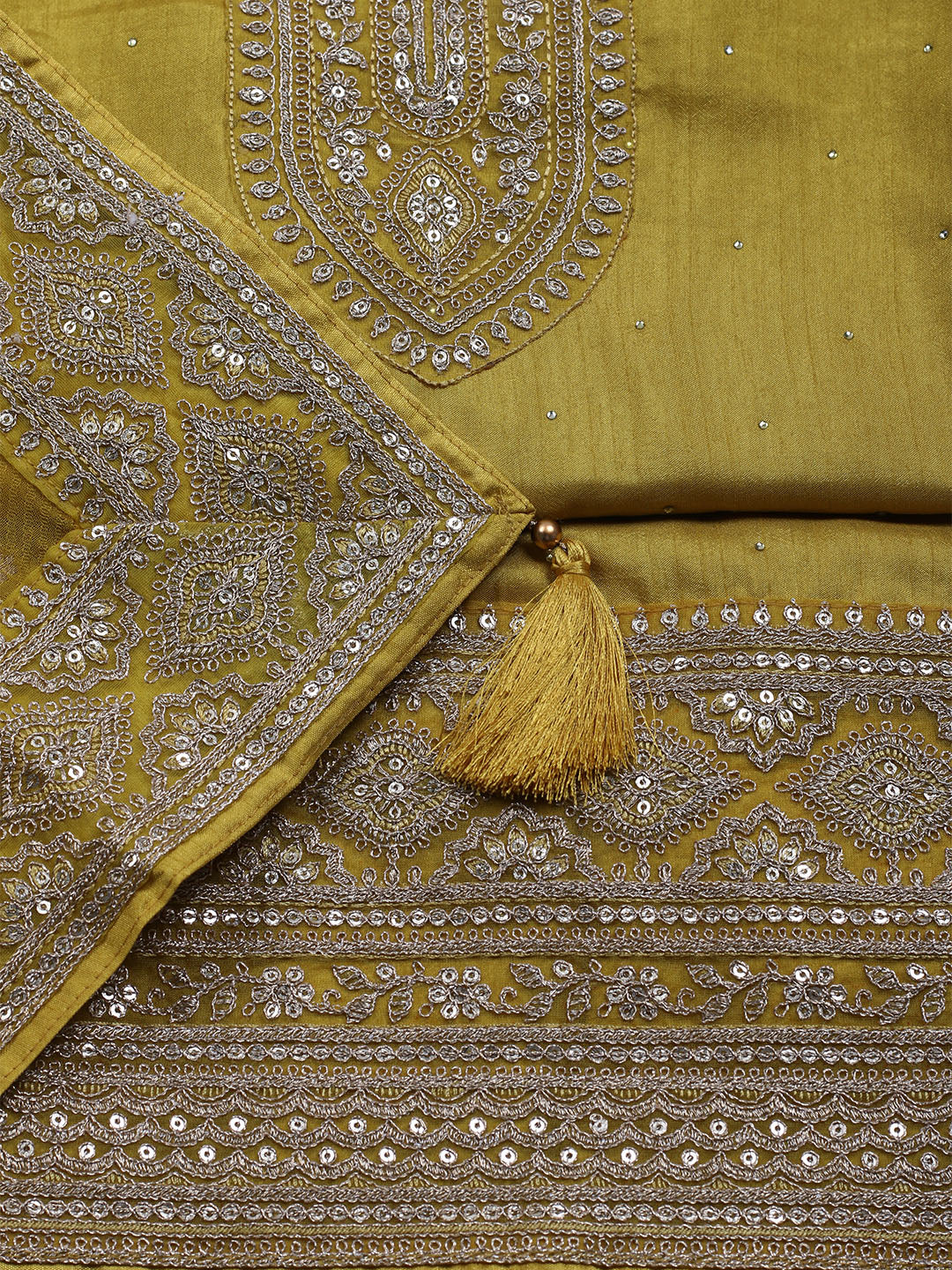 Neck Embroidered Chanderi Unstitched Suit With Dupatta