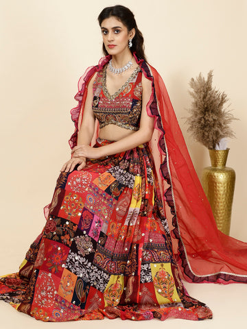 Sequence Embroidered Georgette Choli With Lehenga & Dupatta