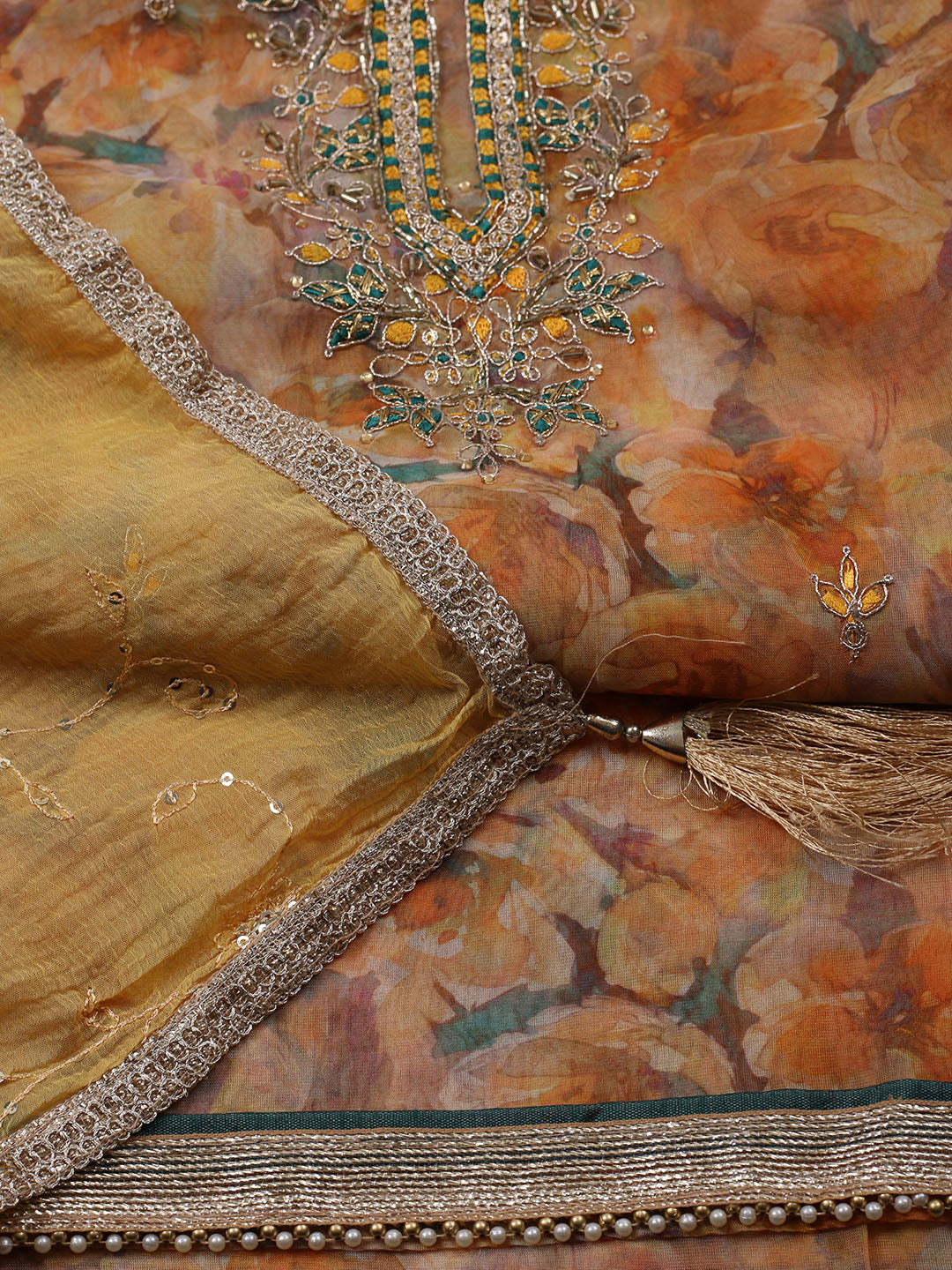 Neck Embroidered Organza Unstitched Suit With Dupatta