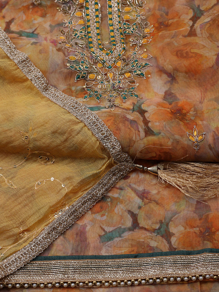Neck Embroidered Organza Unstitched Suit With Dupatta