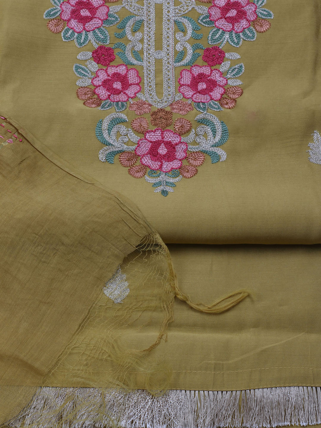 Neck Embroidered Chanderi Unstitched Suit With Dupatta