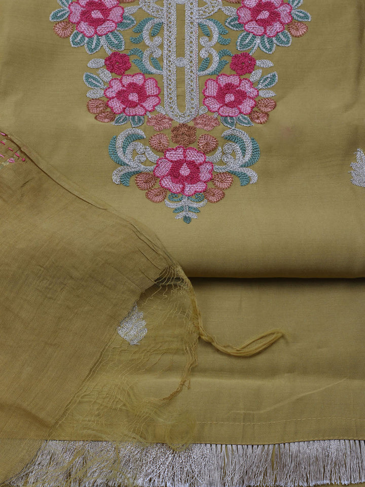 Neck Embroidered Chanderi Unstitched Suit With Dupatta