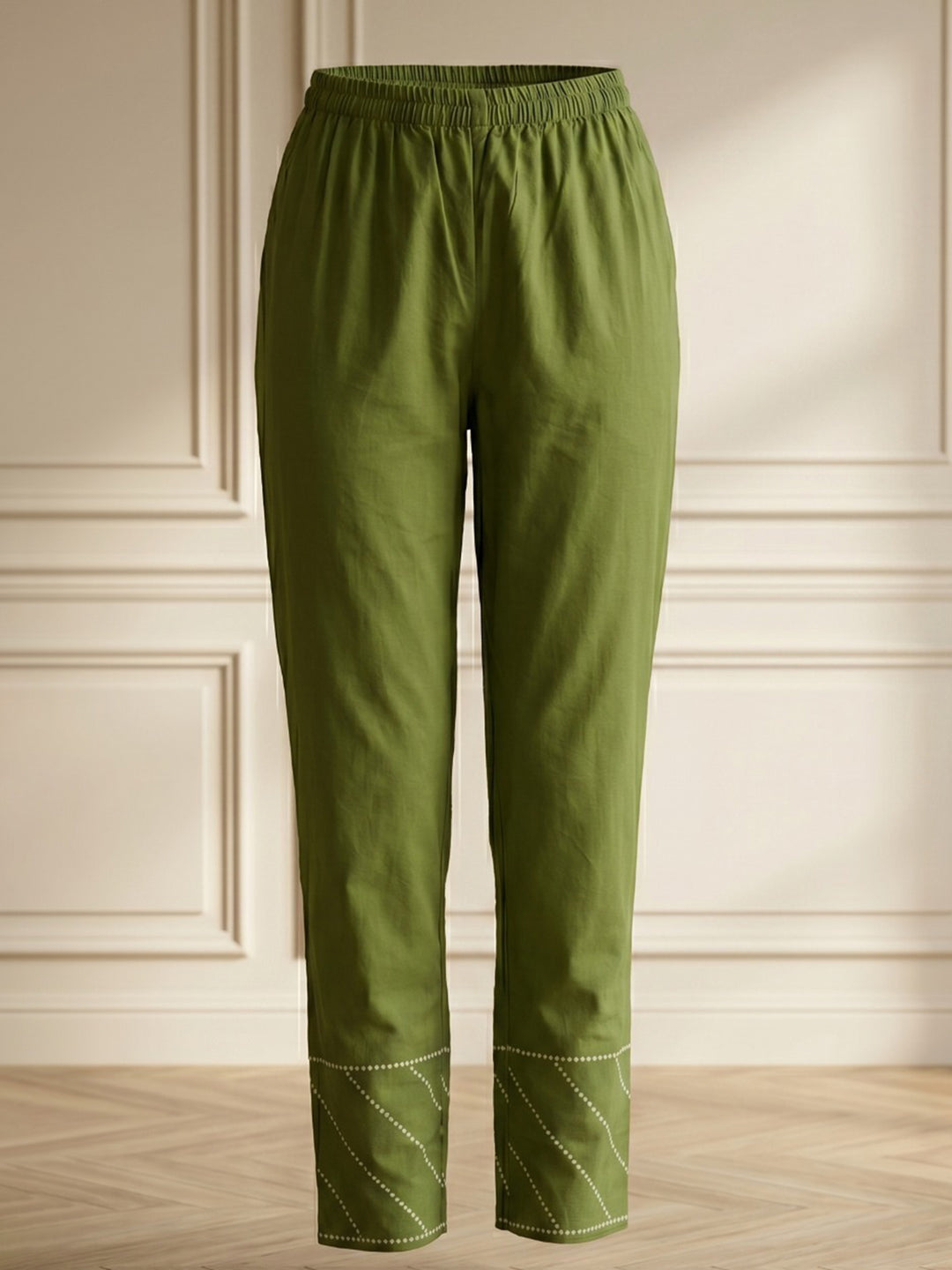 Green Embroidered Cotton Blend Straight V Neck Suit Set