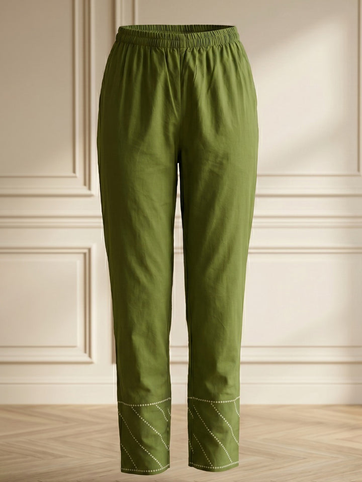 Green Embroidered Cotton Blend Straight V Neck Suit Set