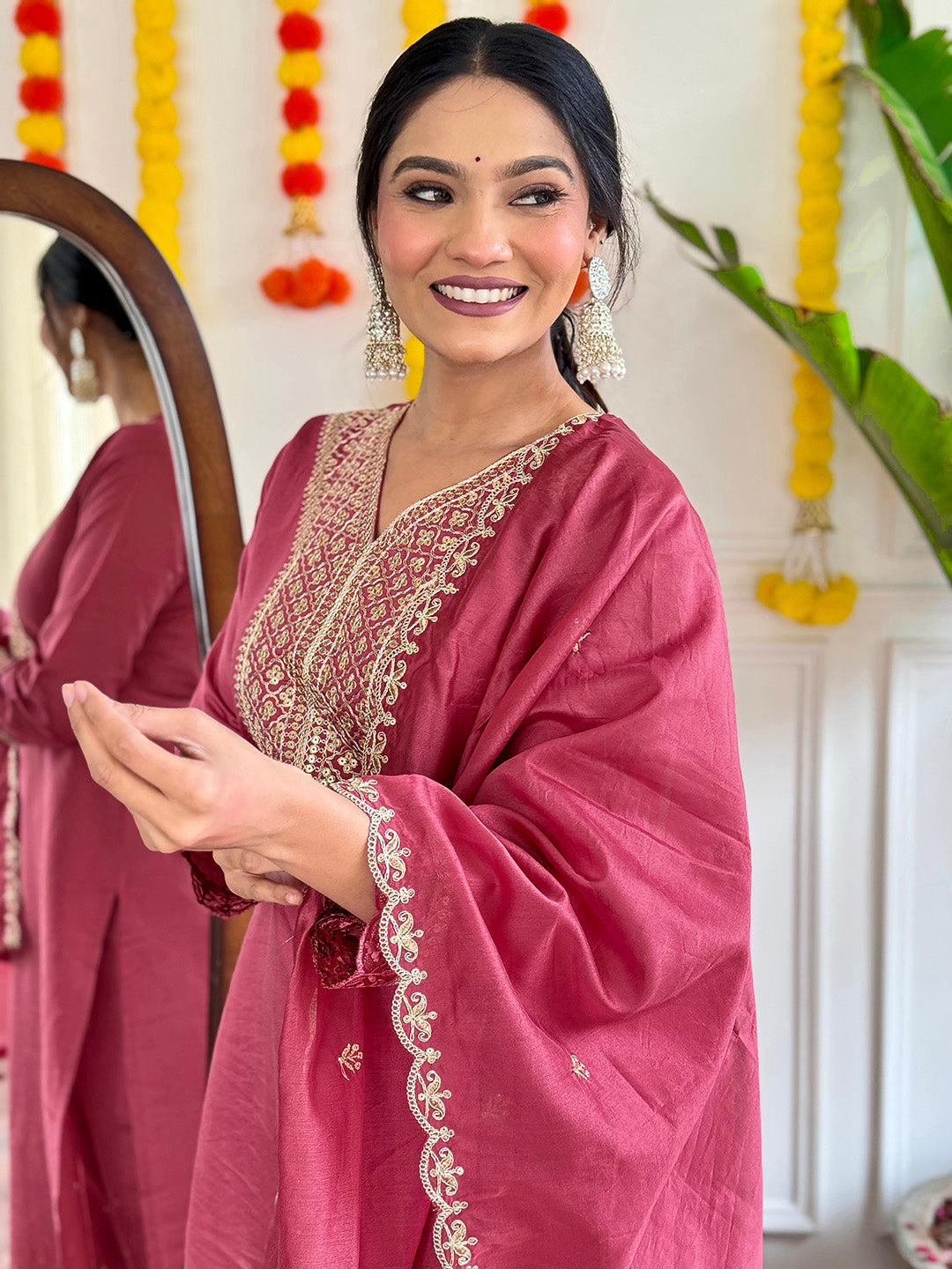 Neck Embroidery Cotton Blend Kurta With Pants &amp; Dupatta