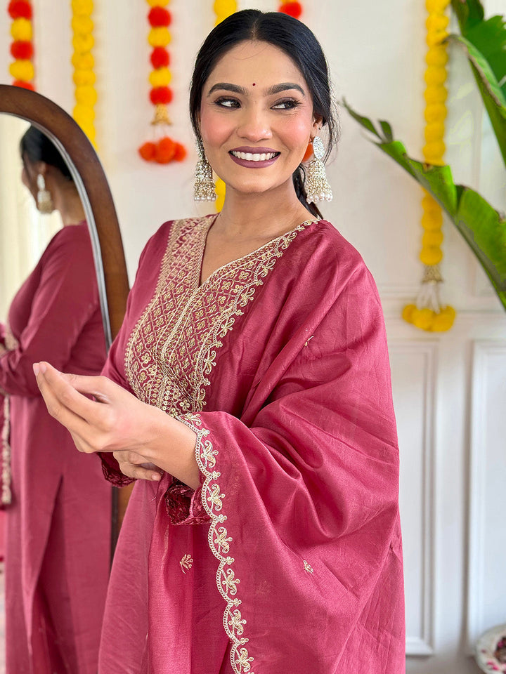 Neck Embroidery Cotton Blend Kurta With Pants &amp; Dupatta