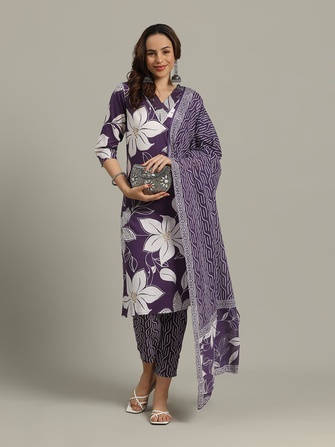 Floral Printed Cotton Blend Kurta With Pants &amp; Dupatta