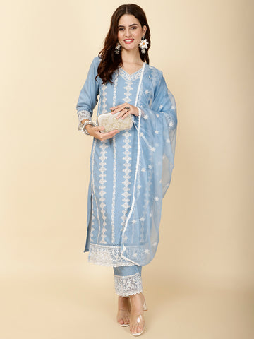 Resham Embroidery Cotton Suit Set With Dupatta