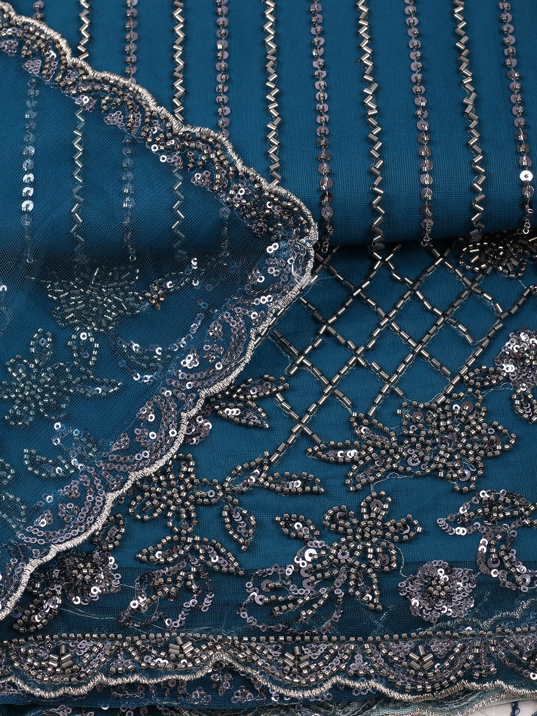 Embroidered Net Unstitched Suit With Pant &amp; Dupatta
