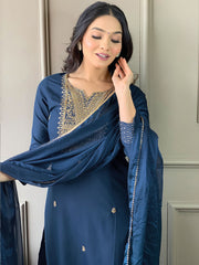 Neck Embroidered Cotton Blend Kurta With Pants & Dupatta